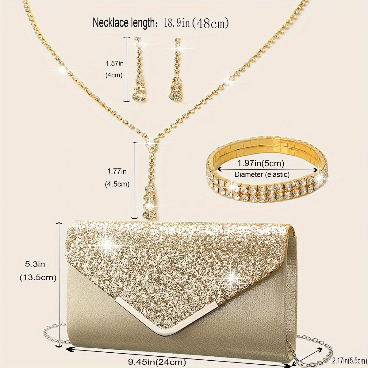 Conjunto Completo Glamour: Clutch Brilhante com Conjunto de Joias (Brinco, Colar e Pulseira)