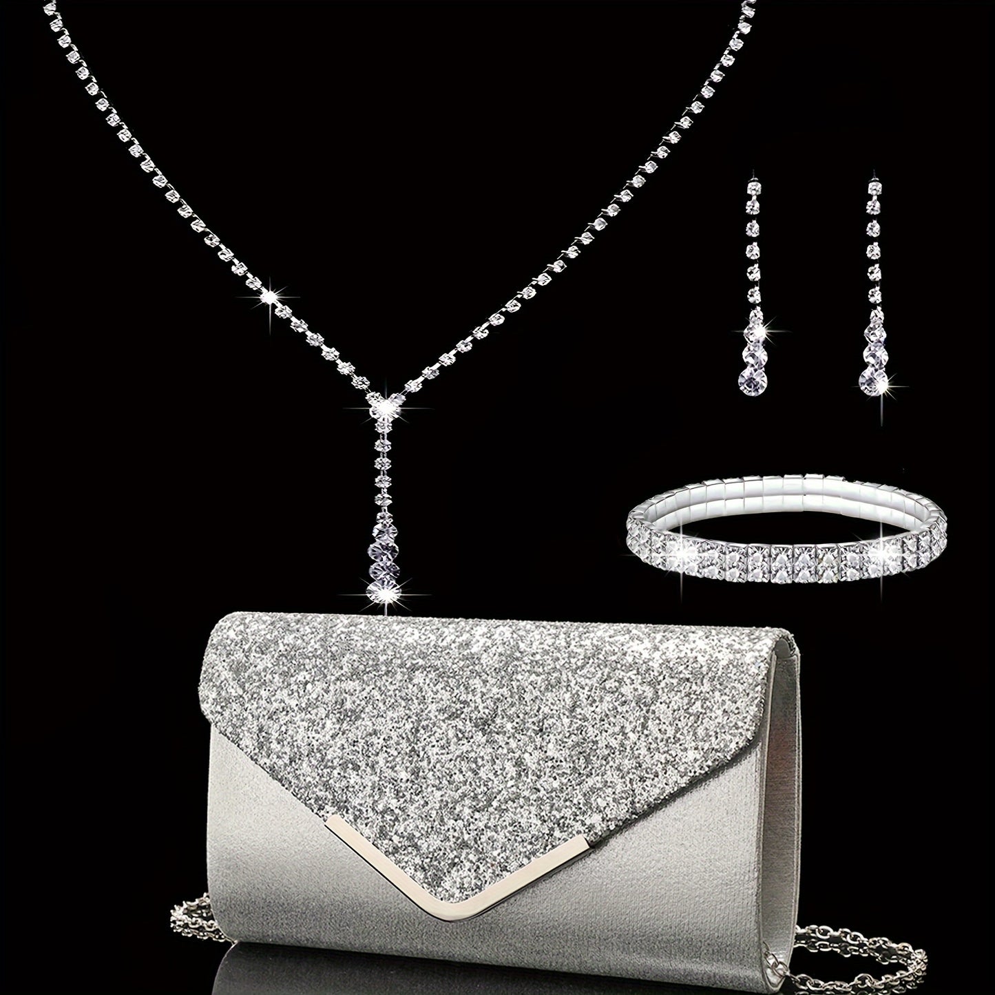 Conjunto Completo Glamour: Clutch Brilhante com Conjunto de Joias (Brinco, Colar e Pulseira)