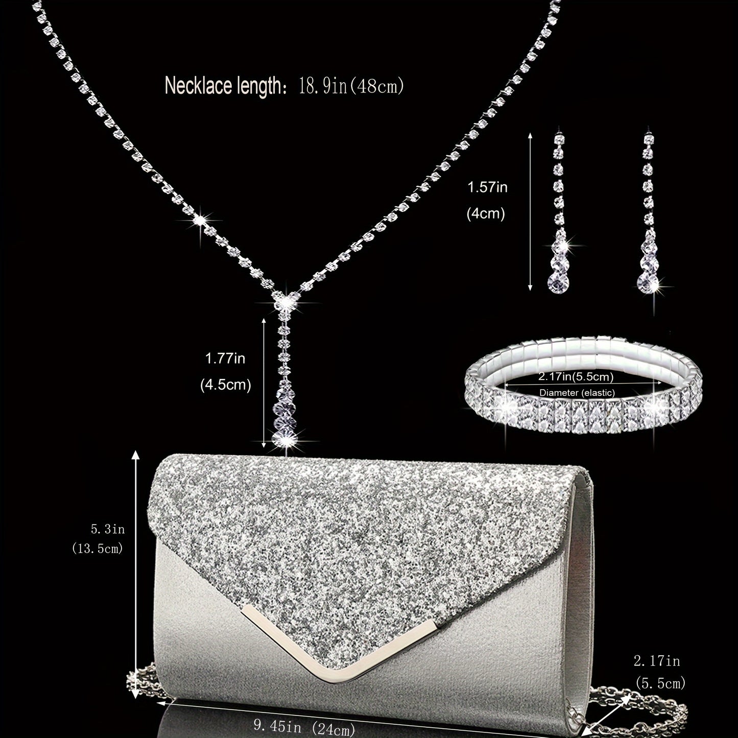 Conjunto Completo Glamour: Clutch Brilhante com Conjunto de Joias (Brinco, Colar e Pulseira)