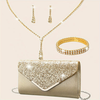 Conjunto Completo Glamour: Clutch Brilhante com Conjunto de Joias (Brinco, Colar e Pulseira)