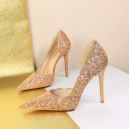 Women's Glitter Design Sexy Banquet High Heels, Elegant Point Toe Dress Pumps, Fashion Slip On Party Heels