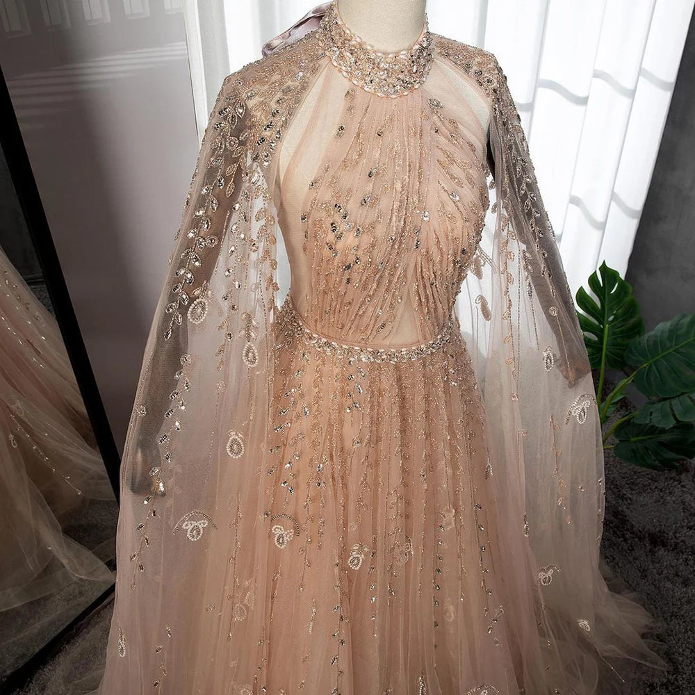 Serene Hill Dubai Arabic Luxury Nude A Line Beaded Evening Dresses With Cape Sleeves Gowns For Women  Wedding Party 2024 LA71803