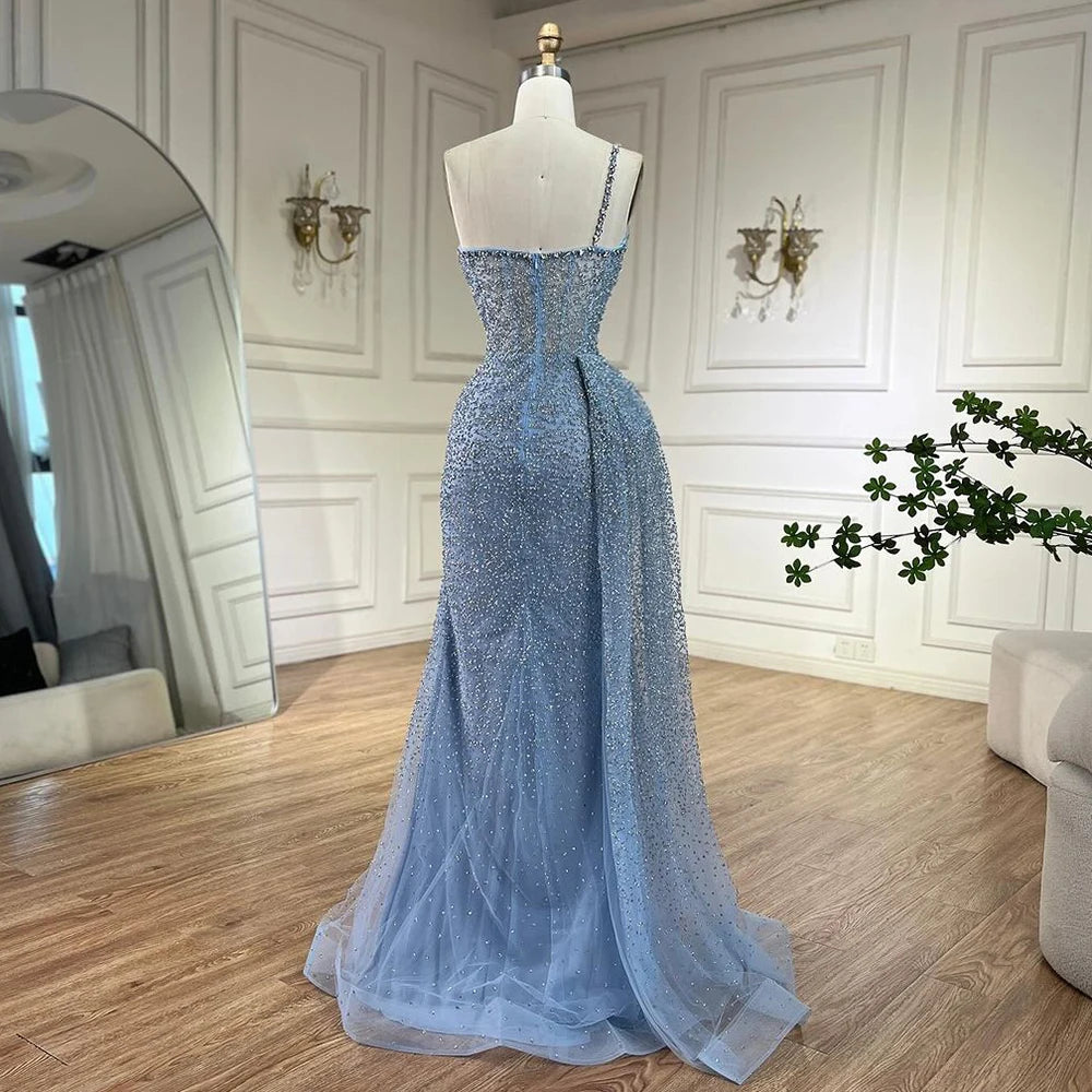 Serene Hill Turquoise Mermaid One Shoulder With Overskirt Beaded Evening Dresses Gowns 2024 For Women Wedding Party LA72144