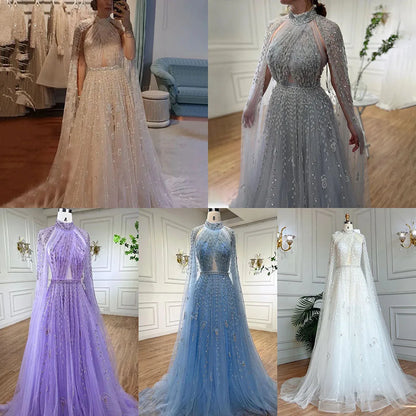 Serene Hill Dubai Arabic Luxury Nude A Line Beaded Evening Dresses With Cape Sleeves Gowns For Women  Wedding Party 2024 LA71803