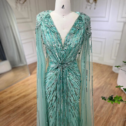 Serene Hill Turquoise Mermaid Evening Dresses Gowns 2024 with Beaded  With Cape for Women's Wedding Party LA72168A