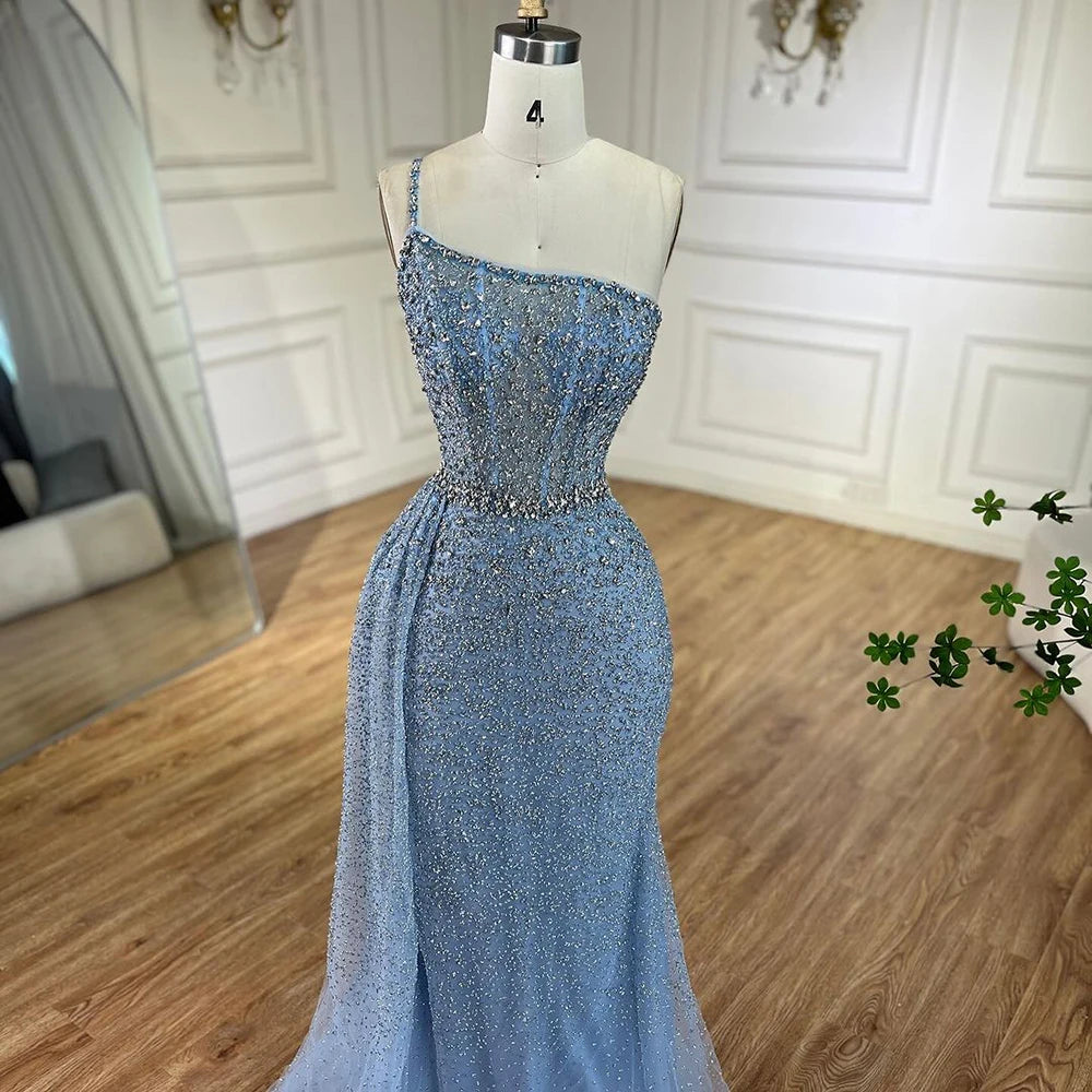 Serene Hill Turquoise Mermaid One Shoulder With Overskirt Beaded Evening Dresses Gowns 2024 For Women Wedding Party LA72144