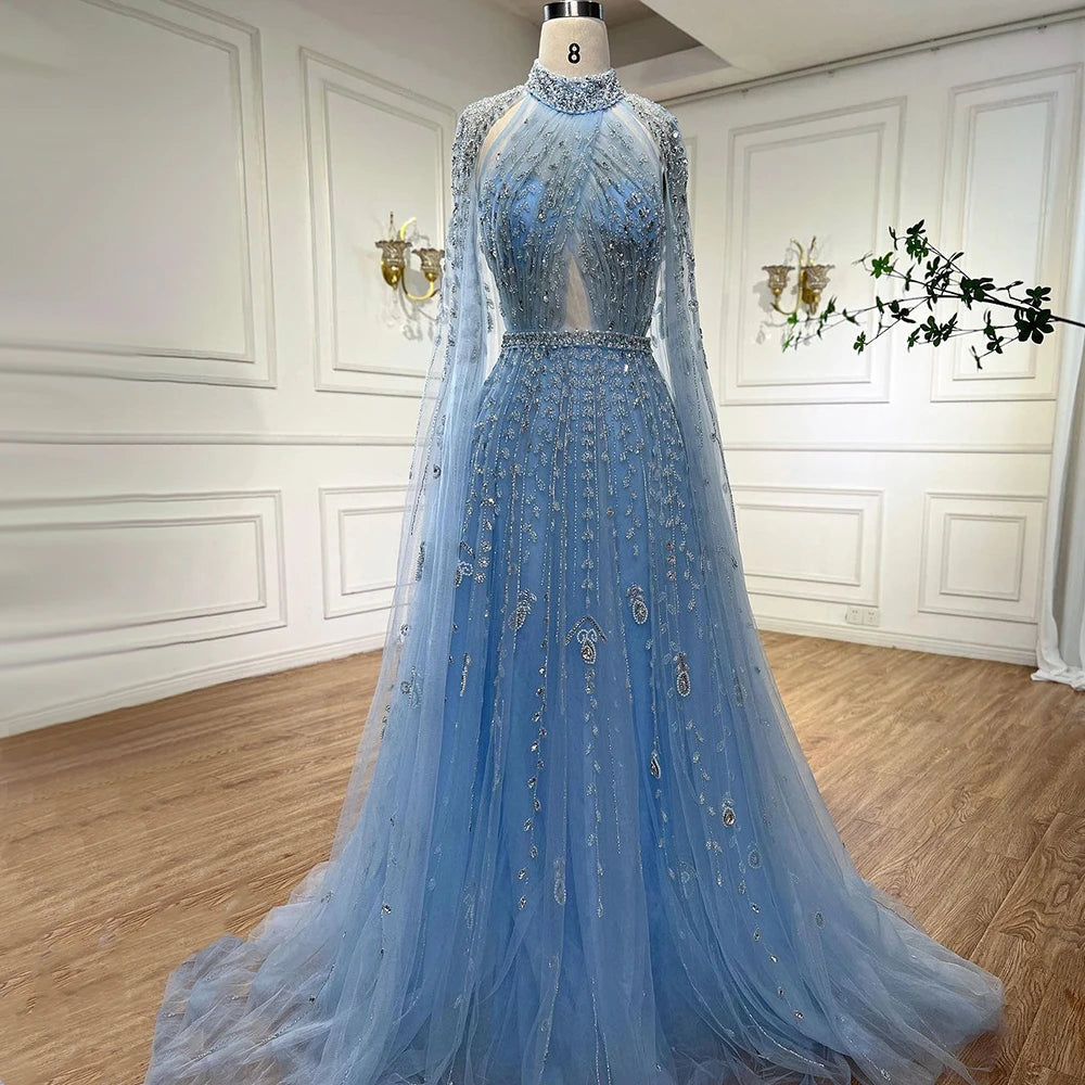 Serene Hill Dubai Arabic Luxury Nude A Line Beaded Evening Dresses With Cape Sleeves Gowns For Women  Wedding Party 2024 LA71803