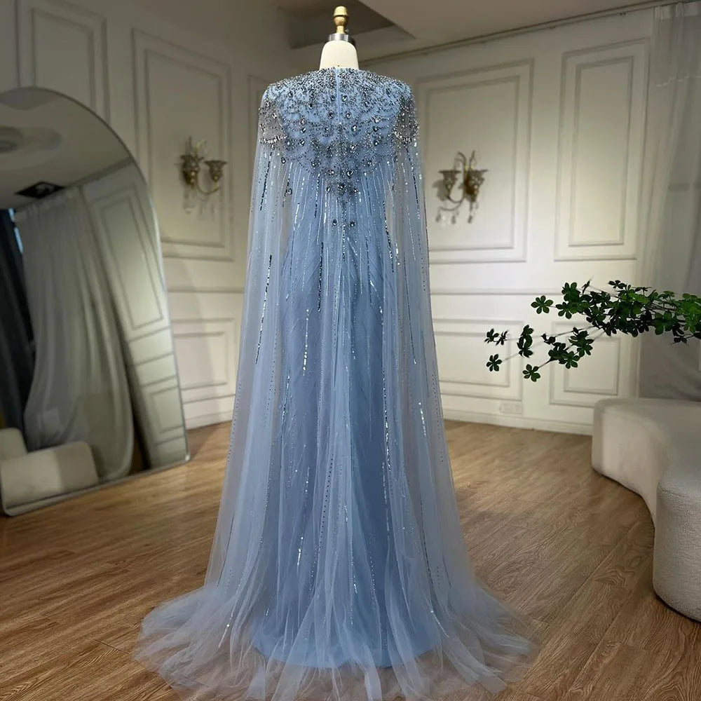 Serene Hill Turquoise Mermaid Evening Dresses Gowns 2024 with Beaded  With Cape for Women's Wedding Party LA72168A