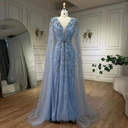 Serene Hill Turquoise Mermaid Evening Dresses Gowns 2024 with Beaded  With Cape for Women's Wedding Party LA72168A