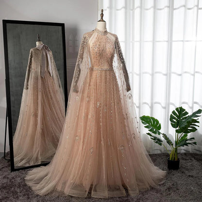 Serene Hill Dubai Arabic Luxury Nude A Line Beaded Evening Dresses With Cape Sleeves Gowns For Women  Wedding Party 2024 LA71803