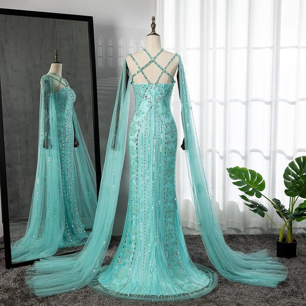 Serene Hill Arabic Luxury   Dubai Mermaid Blue Cape Sleeves Beaded Evening Dresses Gowns  2024 For Women Party LA71905a