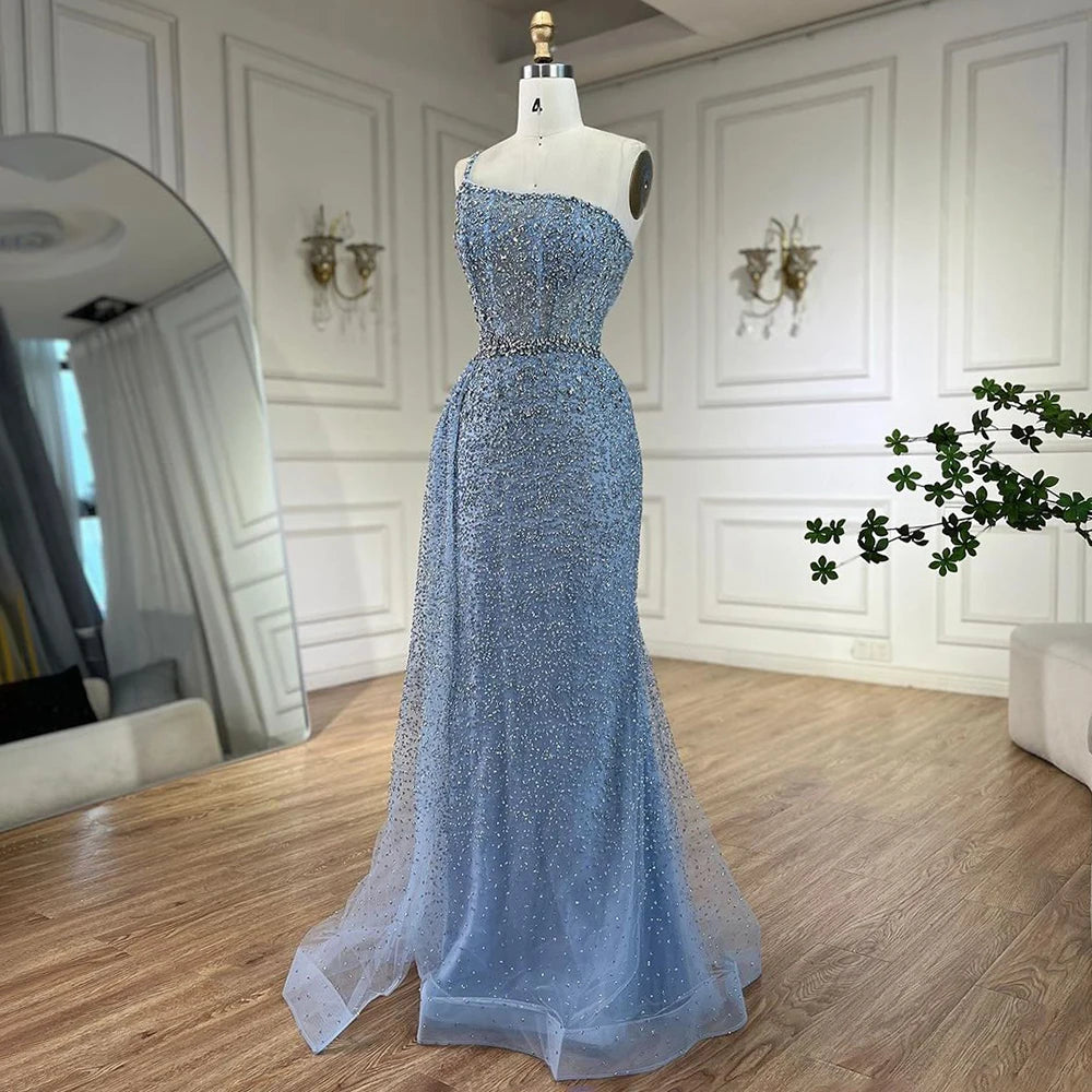 Serene Hill Turquoise Mermaid One Shoulder With Overskirt Beaded Evening Dresses Gowns 2024 For Women Wedding Party LA72144