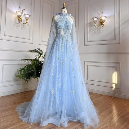 Serene Hill Dubai Arabic Luxury Nude A Line Beaded Evening Dresses With Cape Sleeves Gowns For Women  Wedding Party 2024 LA71803