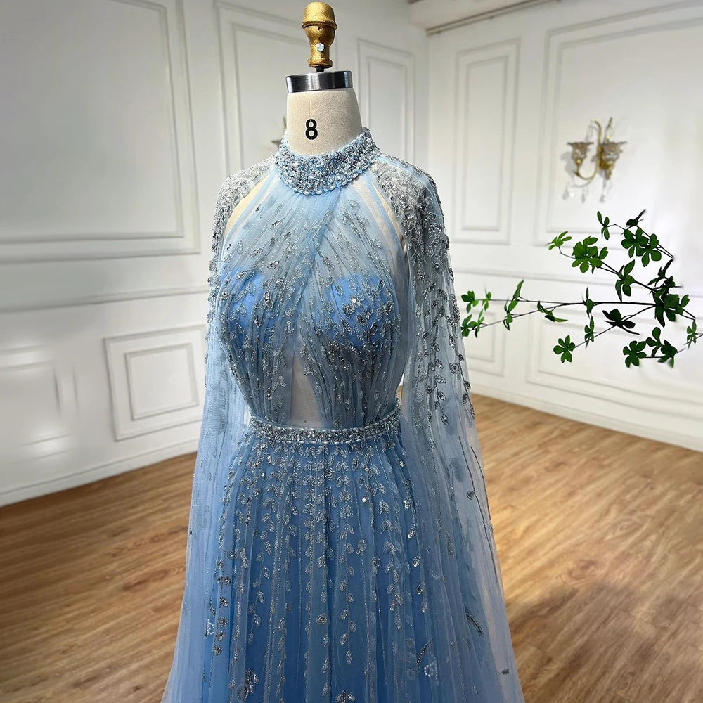 Serene Hill Dubai Arabic Luxury Nude A Line Beaded Evening Dresses With Cape Sleeves Gowns For Women  Wedding Party 2024 LA71803