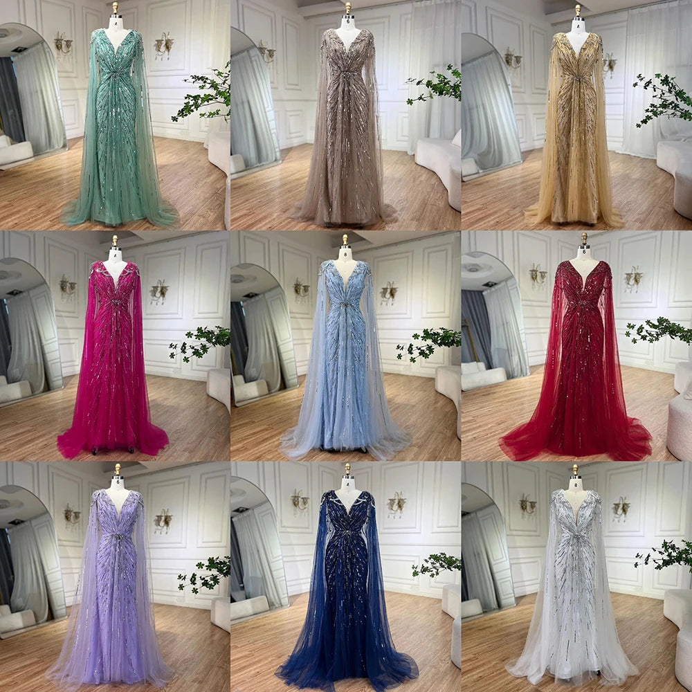 Serene Hill Turquoise Mermaid Evening Dresses Gowns 2024 with Beaded  With Cape for Women's Wedding Party LA72168A