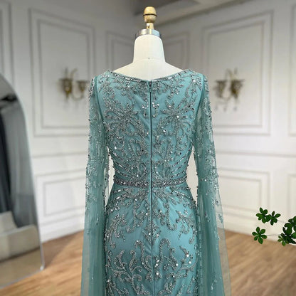 Serene Hill 2024 turquoise with Beaded Cape Sleeves Design Mermaid Long Evening Dresses Gowns for Women's Wedding Party LA72400