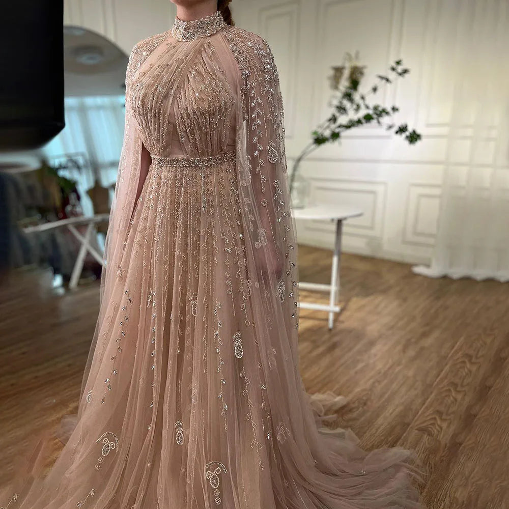 Serene Hill Dubai Arabic Luxury Nude A Line Beaded Evening Dresses With Cape Sleeves Gowns For Women  Wedding Party 2024 LA71803