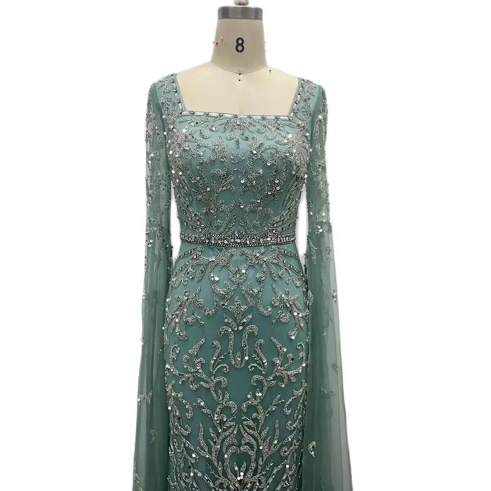 Serene Hill 2024 turquoise with Beaded Cape Sleeves Design Mermaid Long Evening Dresses Gowns for Women's Wedding Party LA72400