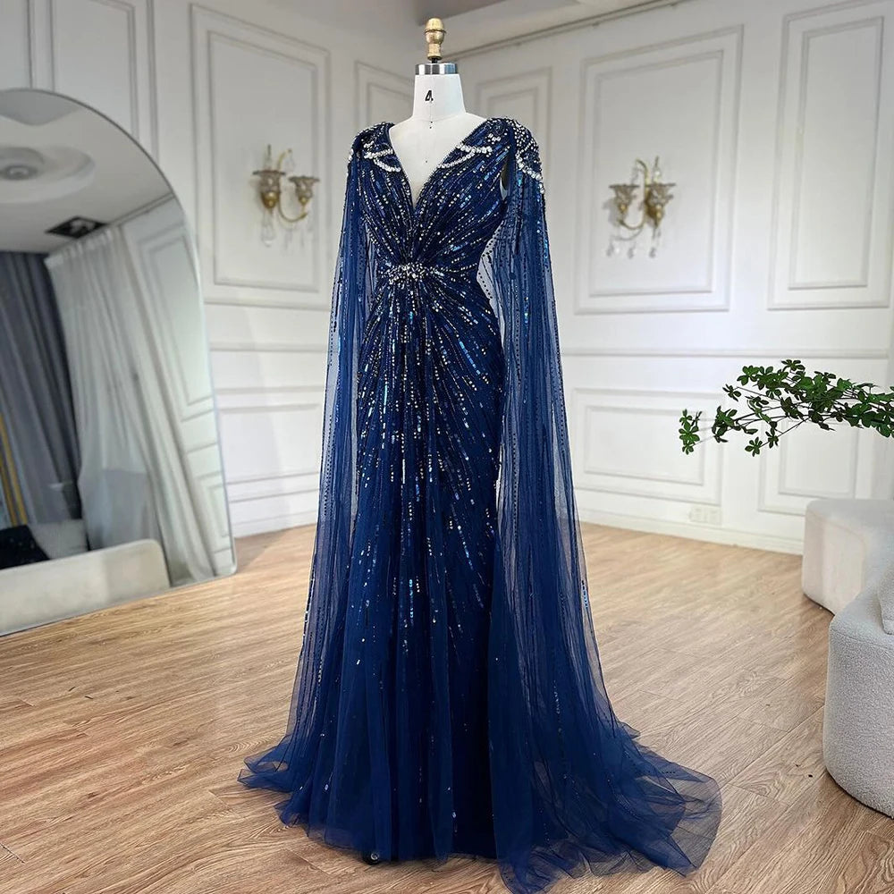 Serene Hill Turquoise Mermaid Evening Dresses Gowns 2024 with Beaded  With Cape for Women's Wedding Party LA72168A