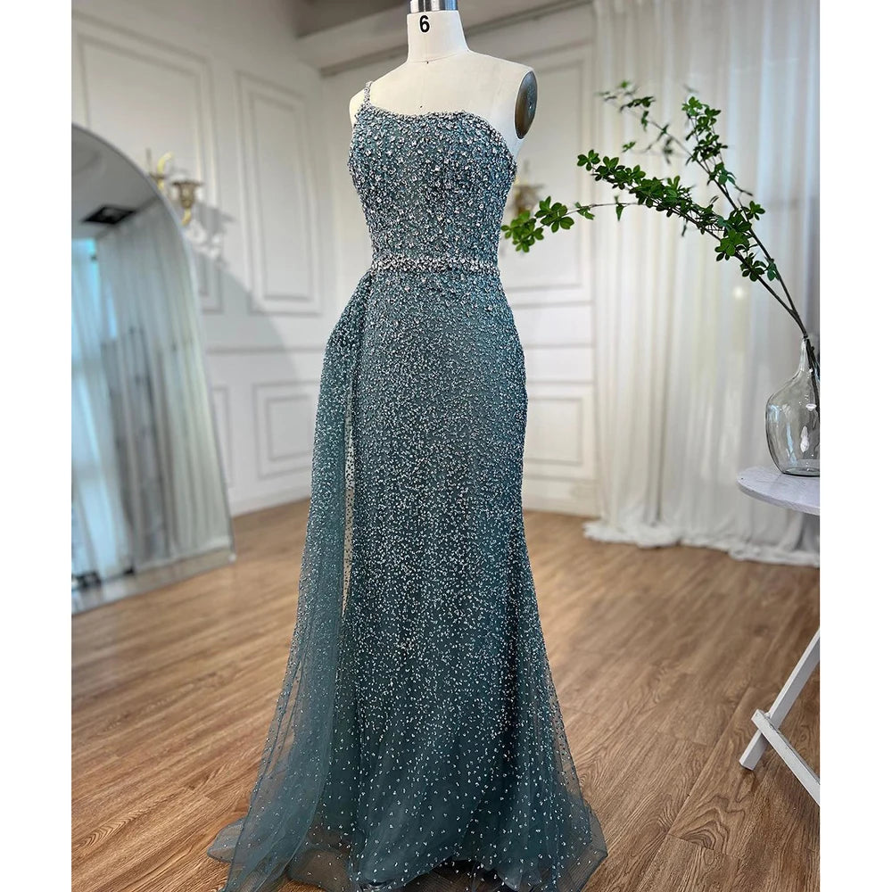 Serene Hill Turquoise Mermaid One Shoulder With Overskirt Beaded Evening Dresses Gowns 2024 For Women Wedding Party LA72144