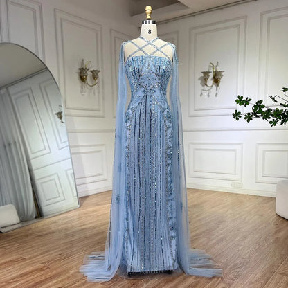 Serene Hill Arabic Luxury   Dubai Mermaid Blue Cape Sleeves Beaded Evening Dresses Gowns  2024 For Women Party LA71905a