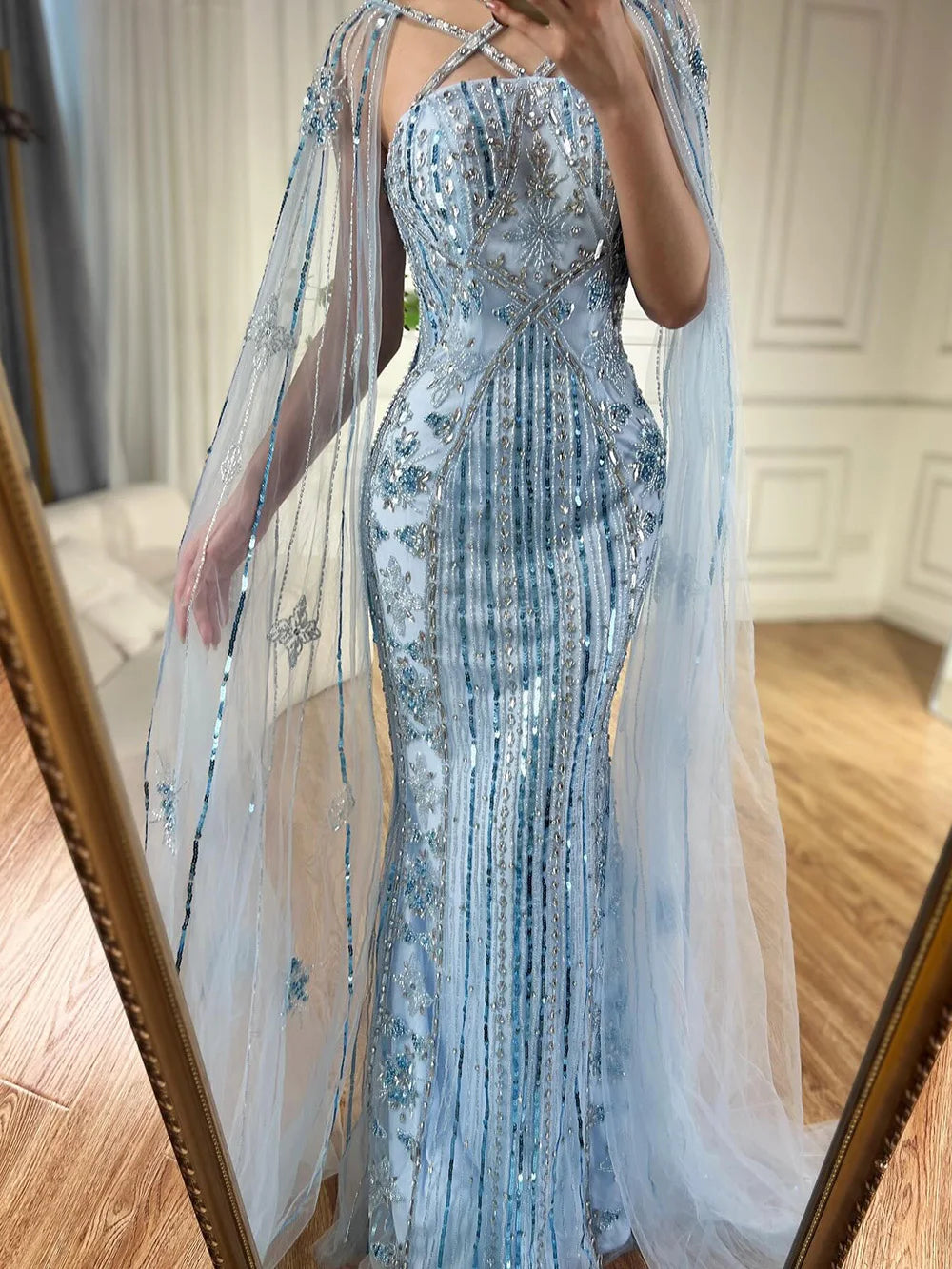 Serene Hill Arabic Luxury   Dubai Mermaid Blue Cape Sleeves Beaded Evening Dresses Gowns  2024 For Women Party LA71905a