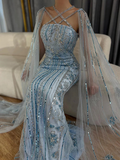 Serene Hill Arabic Luxury   Dubai Mermaid Blue Cape Sleeves Beaded Evening Dresses Gowns  2024 For Women Party LA71905a