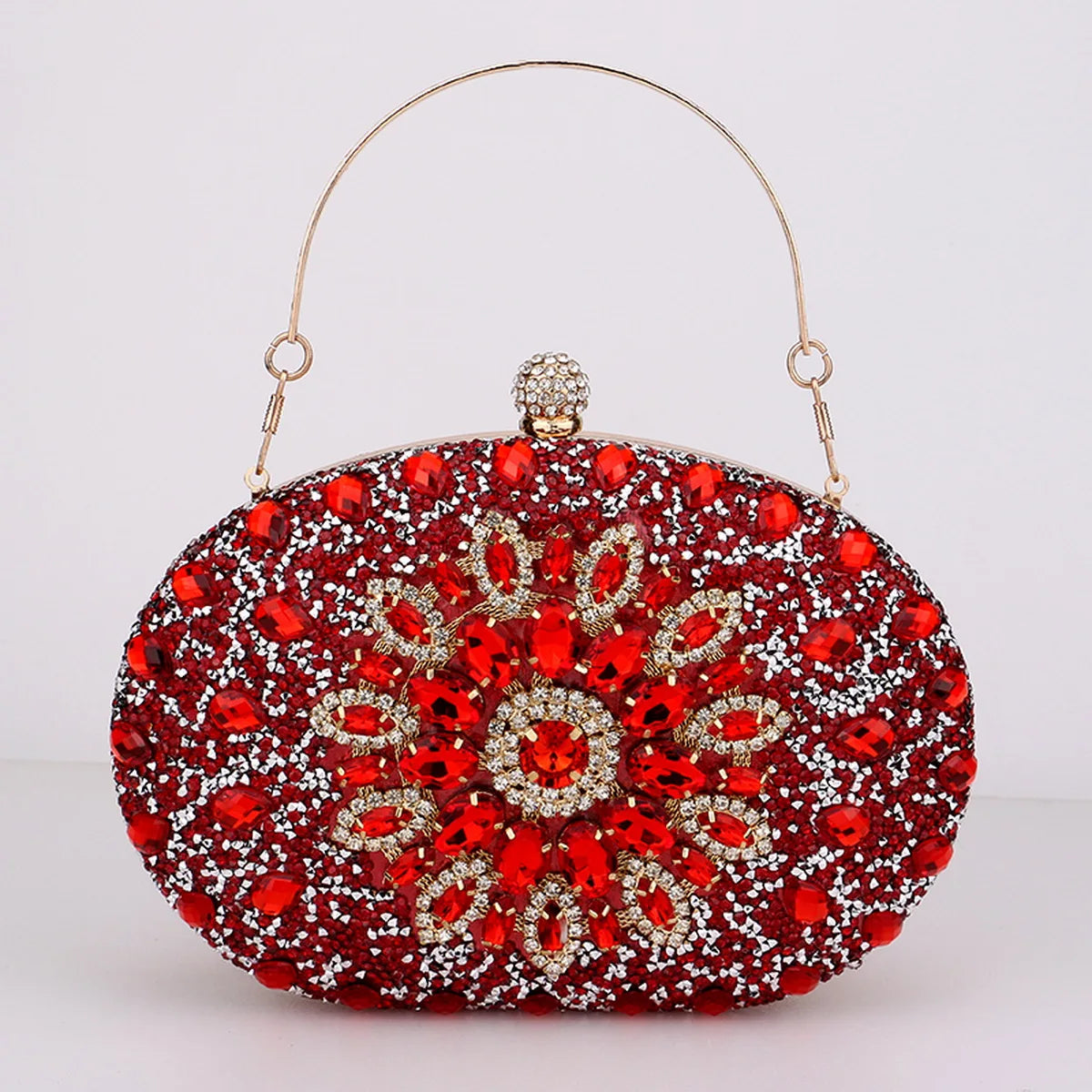 Clutch Feminina Circular com Flores e Diamantes - Bolsa de Festa com Alça