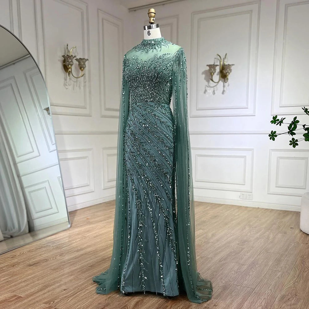 Vestido Longo de Festa Serene Hill 2024 – Luxo com Renda, Pedrarias e Mangas Capa