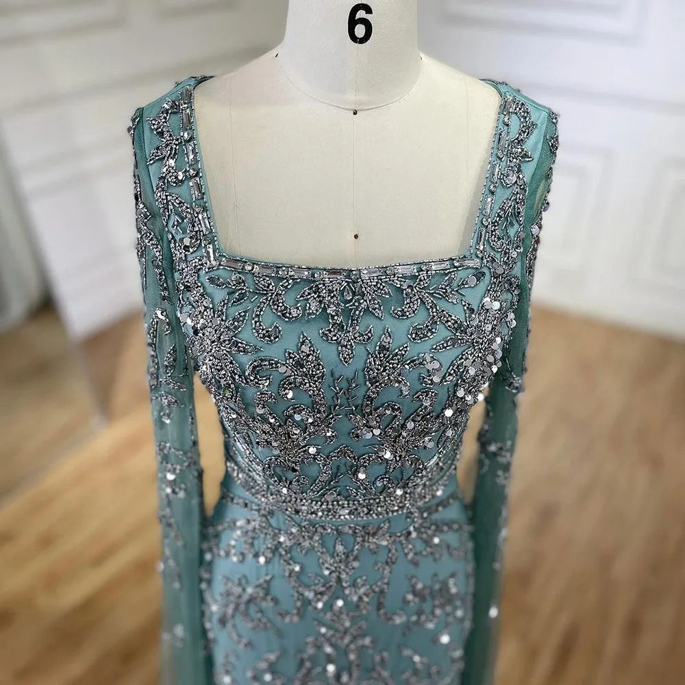 Serene Hill 2024 turquoise with Beaded Cape Sleeves Design Mermaid Long Evening Dresses Gowns for Women's Wedding Party LA72400