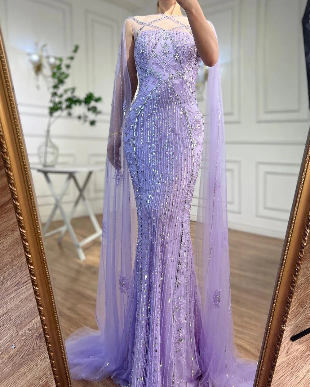 Serene Hill Arabic Luxury   Dubai Mermaid Blue Cape Sleeves Beaded Evening Dresses Gowns  2024 For Women Party LA71905a