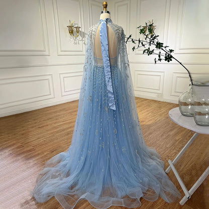 Serene Hill Dubai Arabic Luxury Nude A Line Beaded Evening Dresses With Cape Sleeves Gowns For Women  Wedding Party 2024 LA71803