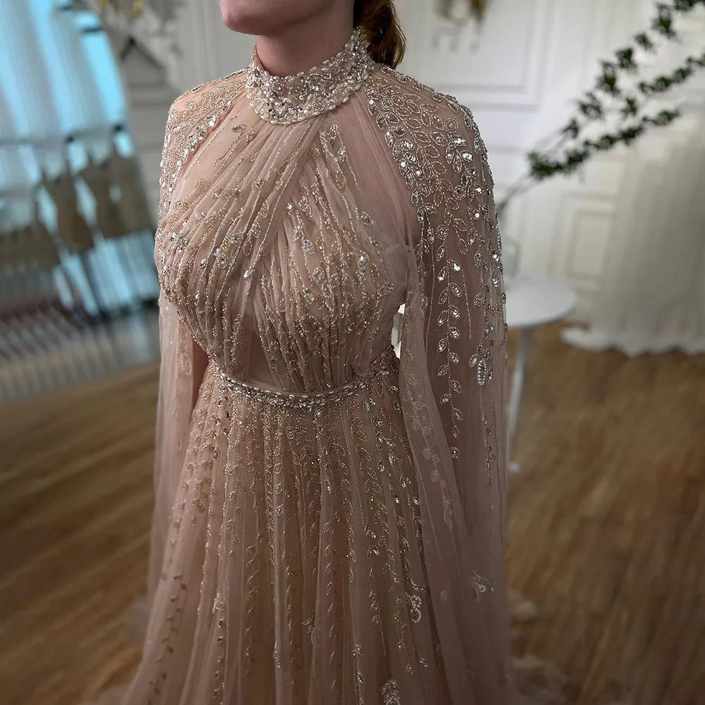 Serene Hill Dubai Arabic Luxury Nude A Line Beaded Evening Dresses With Cape Sleeves Gowns For Women  Wedding Party 2024 LA71803