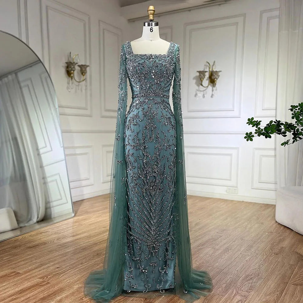 Serene Hill 2024 turquoise with Beaded Cape Sleeves Design Mermaid Long Evening Dresses Gowns for Women's Wedding Party LA72400