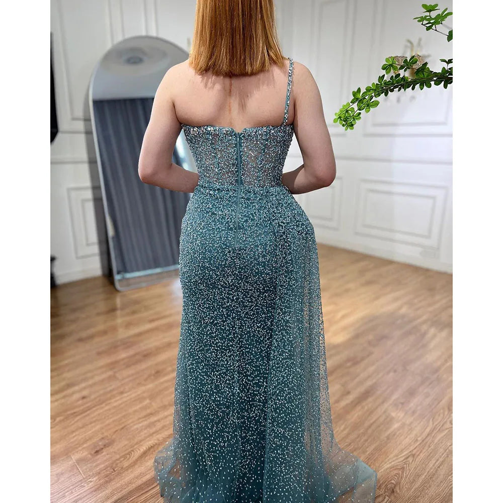 Serene Hill Turquoise Mermaid One Shoulder With Overskirt Beaded Evening Dresses Gowns 2024 For Women Wedding Party LA72144