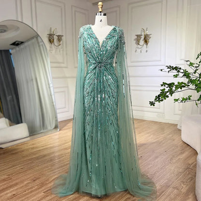 Serene Hill Turquoise Mermaid Evening Dresses Gowns 2024 with Beaded  With Cape for Women's Wedding Party LA72168A