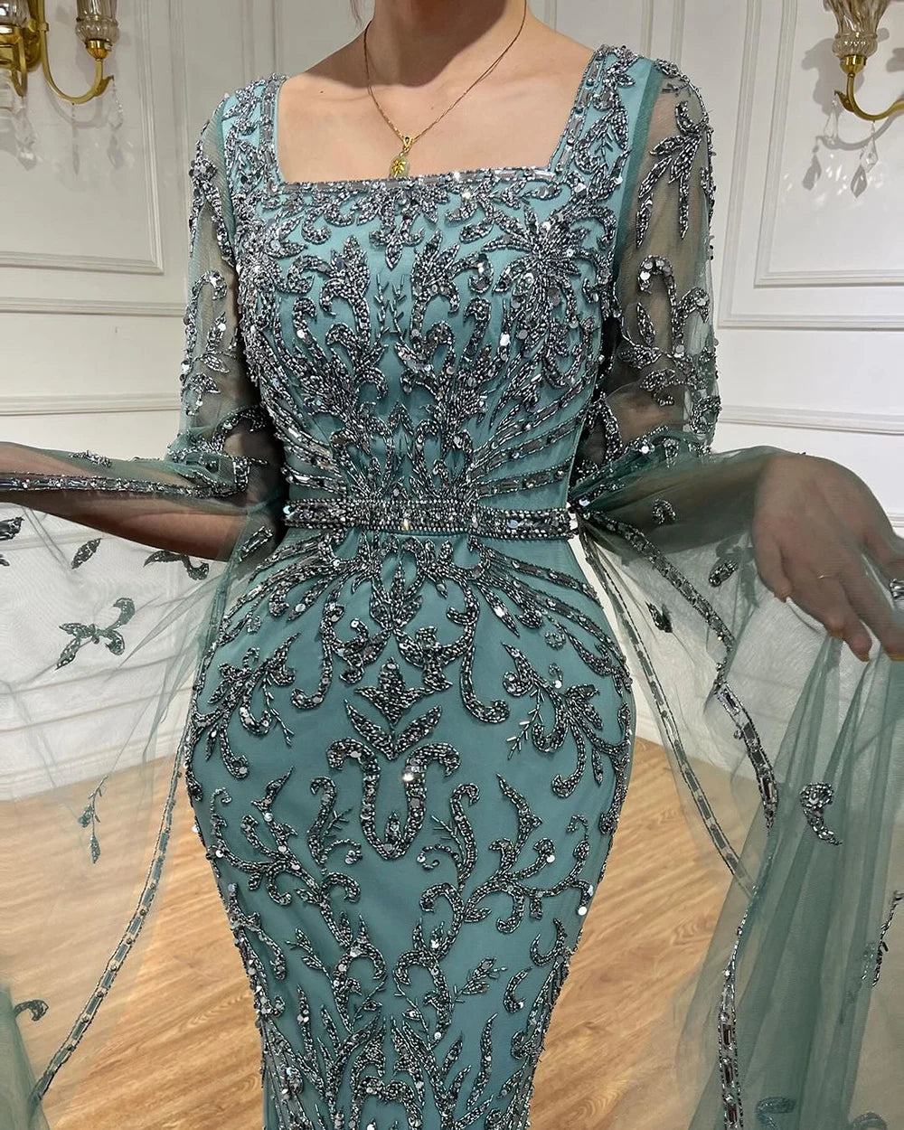 Serene Hill 2024 turquoise with Beaded Cape Sleeves Design Mermaid Long Evening Dresses Gowns for Women's Wedding Party LA72400