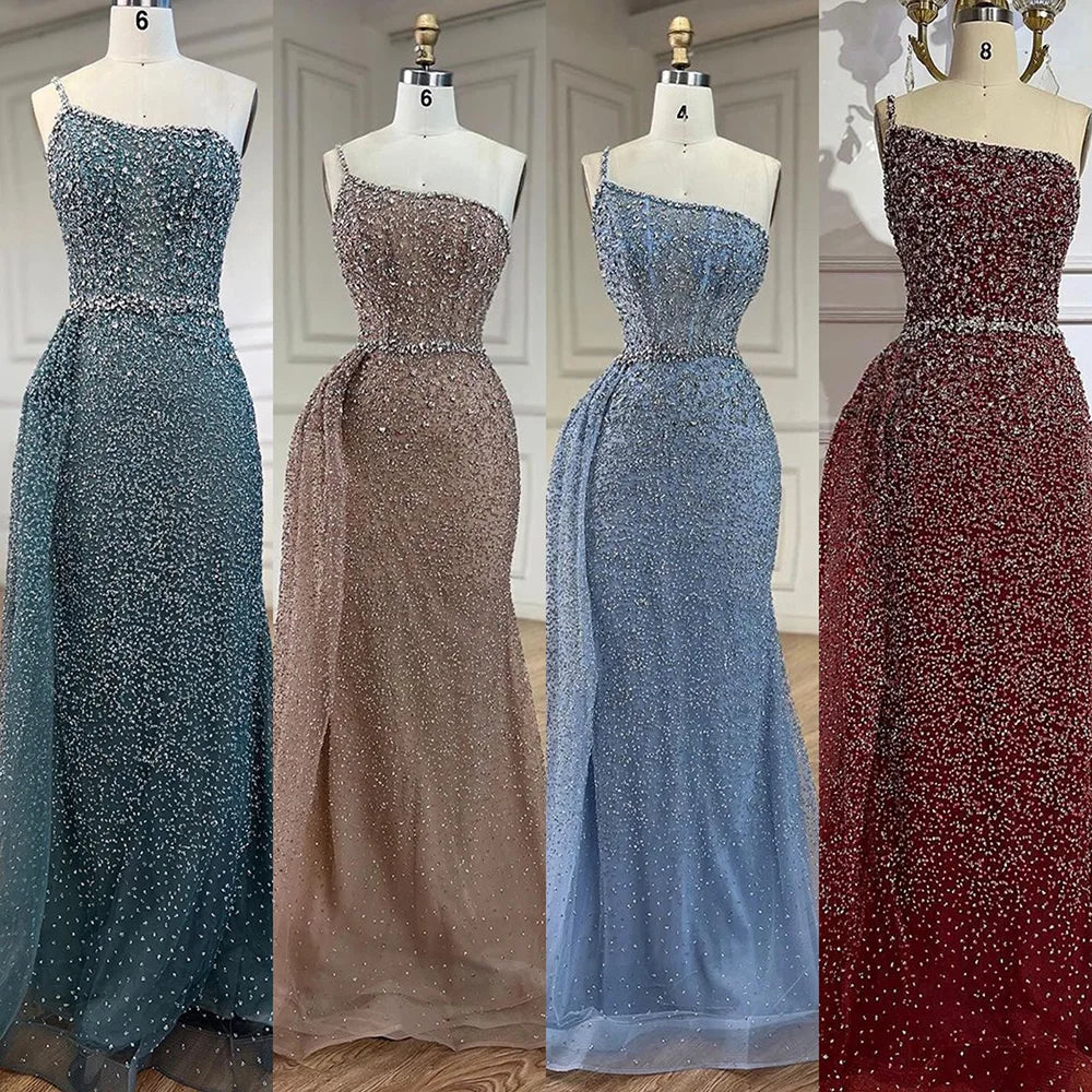 Serene Hill Turquoise Mermaid One Shoulder With Overskirt Beaded Evening Dresses Gowns 2024 For Women Wedding Party LA72144