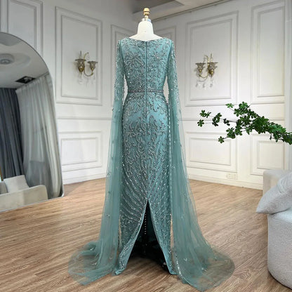 Serene Hill 2024 turquoise with Beaded Cape Sleeves Design Mermaid Long Evening Dresses Gowns for Women's Wedding Party LA72400