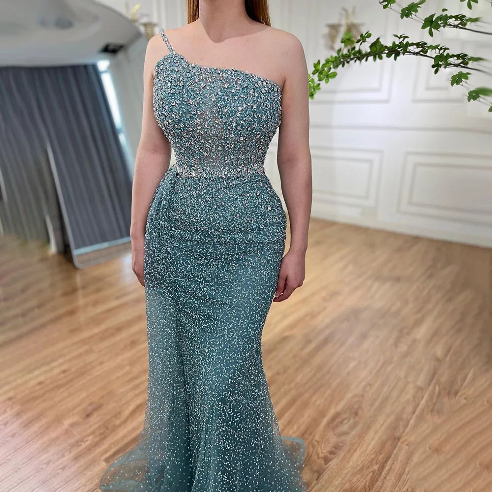 Serene Hill Turquoise Mermaid One Shoulder With Overskirt Beaded Evening Dresses Gowns 2024 For Women Wedding Party LA72144