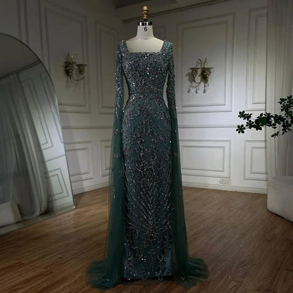 Serene Hill 2024 turquoise with Beaded Cape Sleeves Design Mermaid Long Evening Dresses Gowns for Women's Wedding Party LA72400