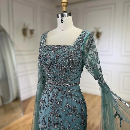 Serene Hill 2024 turquoise with Beaded Cape Sleeves Design Mermaid Long Evening Dresses Gowns for Women's Wedding Party LA72400