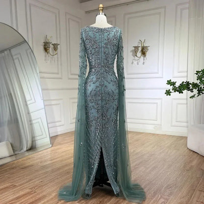 Serene Hill 2024 turquoise with Beaded Cape Sleeves Design Mermaid Long Evening Dresses Gowns for Women's Wedding Party LA72400