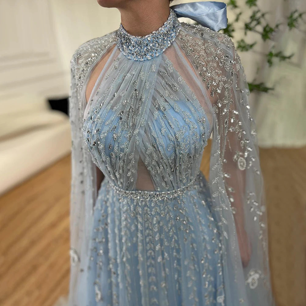 Serene Hill Dubai Arabic Luxury Nude A Line Beaded Evening Dresses With Cape Sleeves Gowns For Women  Wedding Party 2024 LA71803