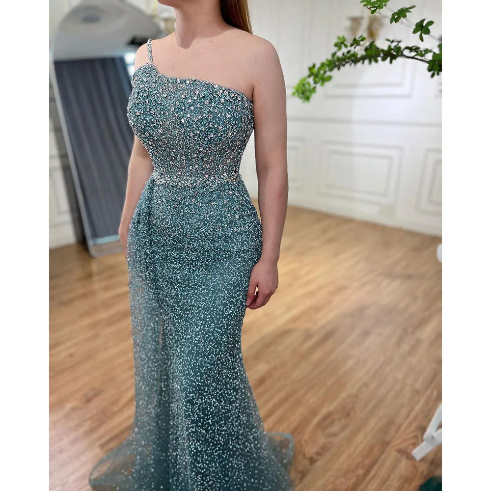 Serene Hill Turquoise Mermaid One Shoulder With Overskirt Beaded Evening Dresses Gowns 2024 For Women Wedding Party LA72144