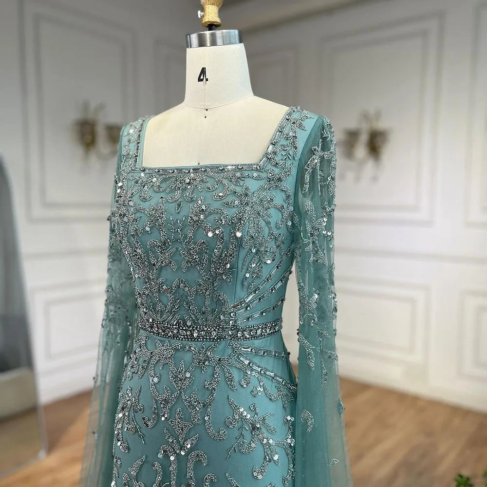 Serene Hill 2024 turquoise with Beaded Cape Sleeves Design Mermaid Long Evening Dresses Gowns for Women's Wedding Party LA72400