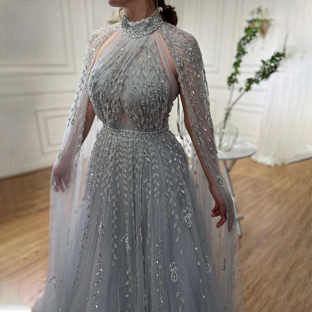 Serene Hill Dubai Arabic Luxury Nude A Line Beaded Evening Dresses With Cape Sleeves Gowns For Women  Wedding Party 2024 LA71803