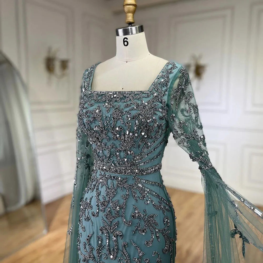 Serene Hill 2024 turquoise with Beaded Cape Sleeves Design Mermaid Long Evening Dresses Gowns for Women's Wedding Party LA72400