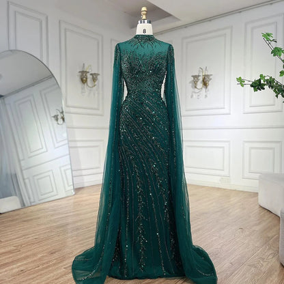 Vestido Longo de Festa Serene Hill 2024 – Luxo com Renda, Pedrarias e Mangas Capa