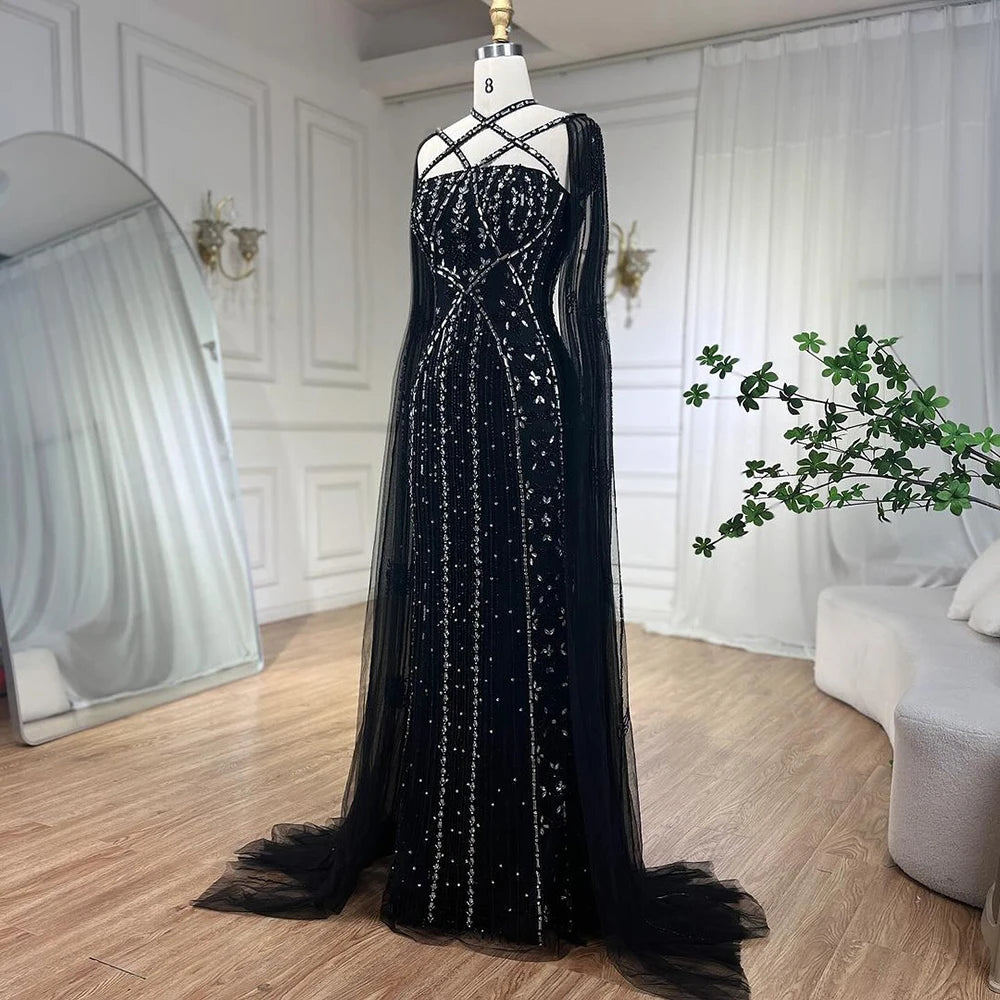 Serene Hill Arabic Luxury   Dubai Mermaid Blue Cape Sleeves Beaded Evening Dresses Gowns  2024 For Women Party LA71905a